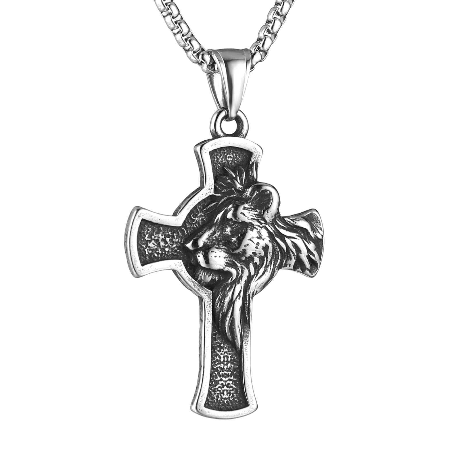 Stainless Steel Cross Necklace for Men Women Retro Religious Lion Head Cross Hip Hop Pendant Jewelry Gift with 22+2in Chain (Silver)
